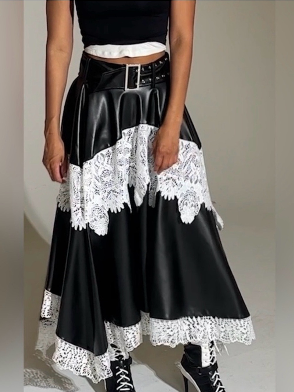 AKIRA Faux Leather Black Maxi Skirt White Lace Trim She’s Not For The Timid!!! - Picture 5 of 5